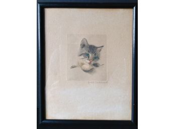 Wonderful Hand Colored Etching Of Sweet Kitten.
