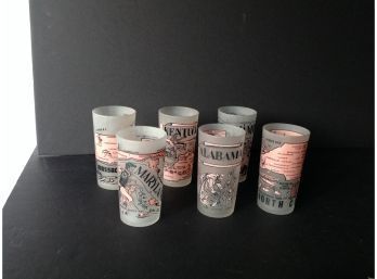Lot #5:   Six Mid Century Pastel Pink Frosted Glasses With 6 U.S. States