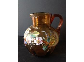 Superb  MOSER Amber Glass Pitcher With Hand Painted Fruit And Flowers