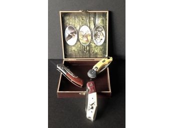 3 Pocket Knives With Box For Storage