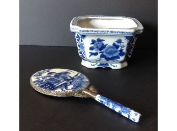 Duo Chinese Porcelain Table Planter &  Oval Hand Mirror