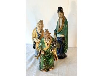 Lot Of 3 Antique  Handmade Chinese Mud Men Deities