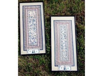Set Of 2  Antique Chinese Embroidery Pieces Framed And Under Glass