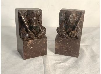 Pr Vintage Chinese Heavly Carved Soapstone Book Ends With Warriors