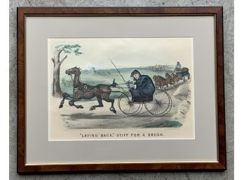 Currier & Ives Hand Colored Print Horse & Buggy  Laying Back Stiff For The Brush