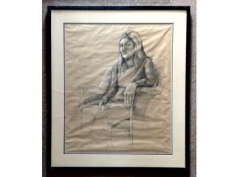 Titled  'In My Chair' Charcoal On Paper Signed By Late Artist Barbara Dahlin