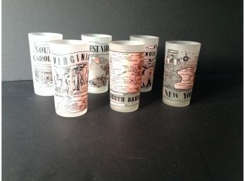 Lot#4:   Six Frosted Pastel PinkMid Century Glasses With U.S. States