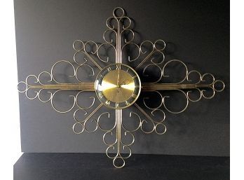 Large Mid Century Key Wind Wall Clock With Brass Appeal!