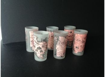 Lot#6:   Six Mid Century Pastel Pink Frosted Glasses With U.S. States