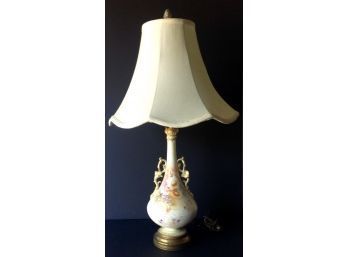 Vintage Hand Painted Ceramic Lamp With A Bell Shaped Silk Lampshade.