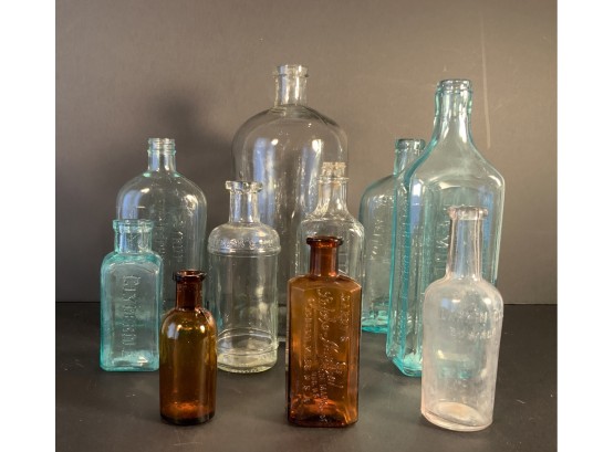 Barn Find: 10 Vintage/antique Glass Bottles, Shades Of Clear, Aqua, And Brown Glass