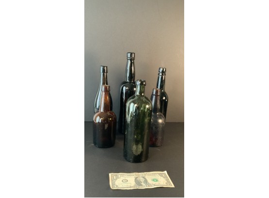 Barn Find! 6 Very Nice Glass Bottles In Dark Green, Black, And Root Beer Colored Glass