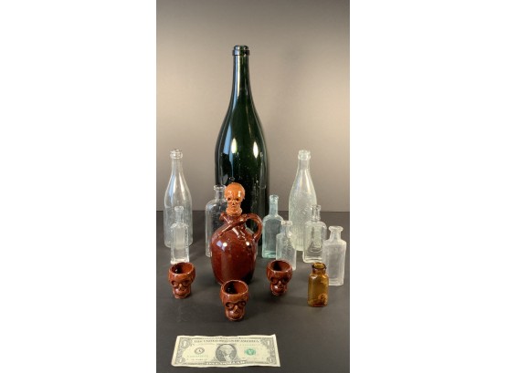 Box Lot Of Bottles And Ceramic Bottle With Cups