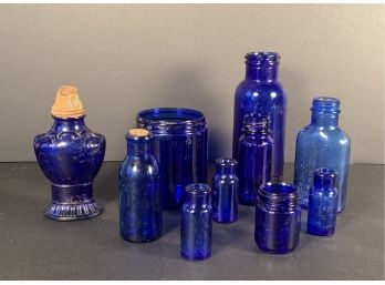 10 Vintage/antique Blue Glass Bottles