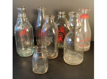 7 Vintage Glass Milk Bottles And 1 Glass Cream Bottle