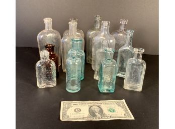 15 Vintage Embossed Bottles Aqua  Brown Clear