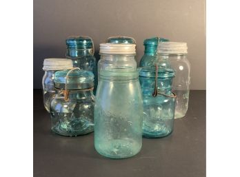 Barn Find:  9 Glass  Jars 3 Metal Lids, 5 Glass Lids And 1 Jar Without A Lid.