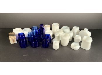 27 Blue & White Milk Glass Jars