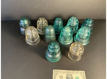 Collection # 4 Set Of 11 Antique Glass Insulators Substantial In Weight With Manufacturers Markings