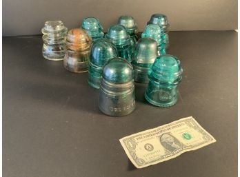 Collection # 5 Set Of 11 Antique Glass Insulators Substantial In Weight With Manufacturers Markings