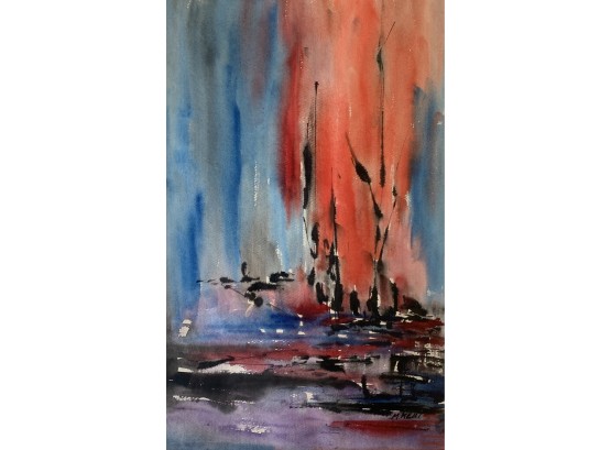 Mid Century M.Kent Abstract Expressionist Watercolor Of SAIL BOATS