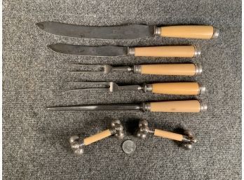 7 Pieces Of Antique Cutlery & Knife Rests Etc. All Carbon Steel Blades