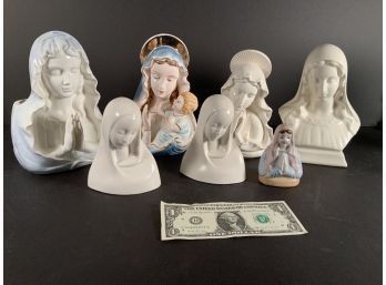Collection Of 7 Vintage Mother Mary Figures With 3 That Are Head Vases