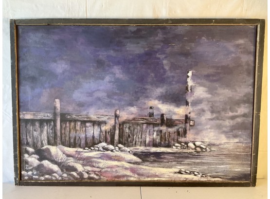 Mid Century New England Winter Dock Scene, Oil On Canvas, Attibuted To Barbara Dahlin