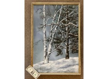 Vintage Oil On Canvas Painting Winter Pines & Birch Trees  21 1/2 X 31 1/2 Inches
