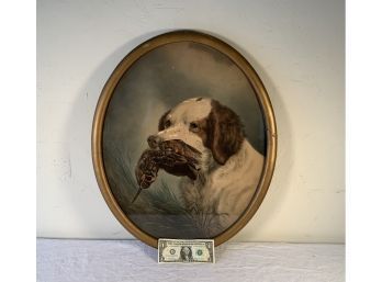 Antique Lithograph Of Hunting Dog With Bird