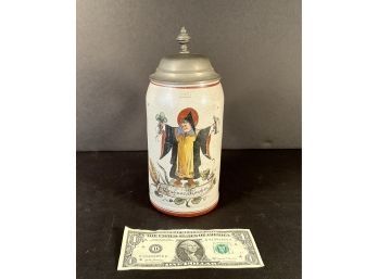 Antique Signed Joseph M. Mayer Hand Painted Stoneware German Beer Stein With Pewter Top