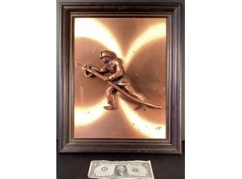 Vintage Copper Clad Fireman  With A Wooden Frame