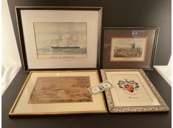 Lot Of 4 Vintage Watercolors And Lithographs