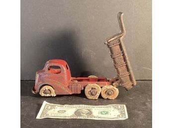 Vintage/antique Cast Iron  Red Dump Truck With Six Wheels/tires