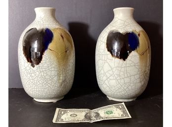 Two Lemax Asian Crackle Glaze Vases With Heart Pattern