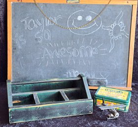 Antique Chalkboard, Vintage Tray, Metal Reproduction Airplane And Retro Style Crayons