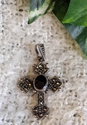 Sterling, Onyx And Marcasite Cross