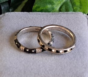 Pair Of Sterling Rings: Channel Set Onyx & CZ And Black Enamel, Both Size 6