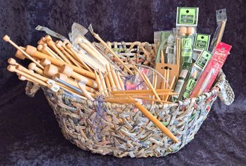 Hand Made 'Newspaper' Basket Filled With Knitting And Crochet Needles And Supplies