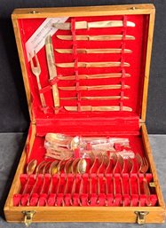 Vintage, Thailand Bronze Flatware Set In Velvet Lined Wooden Box, Service For 8 Plus Serving Pieces.