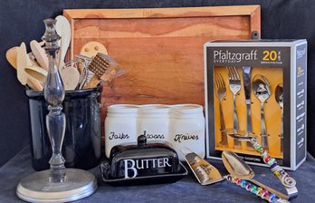 Wood Charcuterie Tray, Untensil Jar And Utensils, New Pfalyzgraff Flatware, Cute Flatware Holder & More