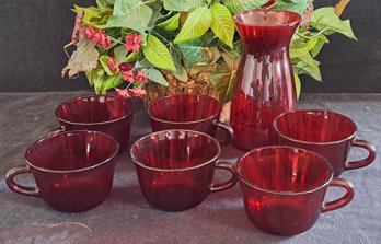 6 Vintage Ruby Red Depression Glass Cups And Red Glass Vase