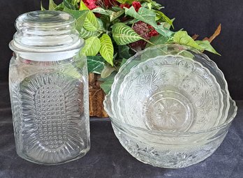 Vintage MCM Anchor Hocking Scalloped Edge Sandwich Clear Nesting Bowls And Anchor Hocking Sunflower Jar