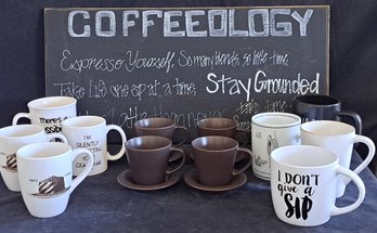 Coffeeology Chalkboard Style Plaque, 4 Ikea Espresso Cups & Saucers, Assortment Of Coffee Mugs W/ Personality