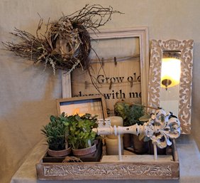 Collection Of Rustic Decor With Faux Plants, Candles And Wall Decor Perfect For Porch Or Sunroom