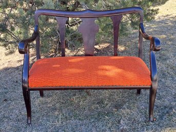 Antique/  Vintage Wood Bench On Casters Reupholstered In Orange Chenille With Brass Nailheads