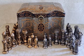 Fabulous Medieval Style Chess Set In Ornate Box In Pewter And Antique Gold Colors