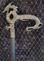 New! Silver Tone Metal Dragon On Wood Walking Stick
