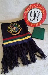 Authentic Hogwarts Scarf, Slytherin Passport Holder And Replica Platform 9 3/4-8 Inch Round Sign