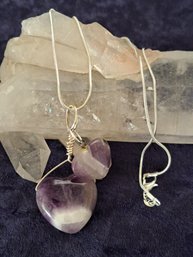 Dual Amethyst Hearts On Sterling Silver 20 Inch Snake Chain
